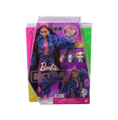 Barbie Doll and Accessories, Barbie Extra Fashion Doll with Burgundy Braids and Furry Jacket, Pet Puppy