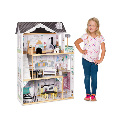 Kids Wooden Dollhouse, with Elevator, Balcony & Stairs & Accessories