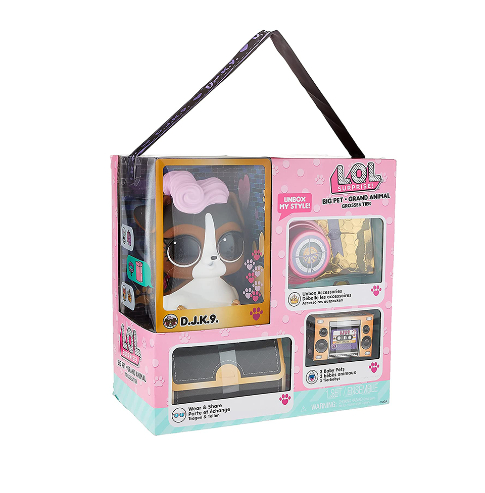 LOL Surprise Big Pet DJ K.9. with 15 Surprises Including Wear and Share Glasses & Necklace, 2 Pet Babies, Accessories, Backpack or Piggy Bank, Gifts for Kids and Toys