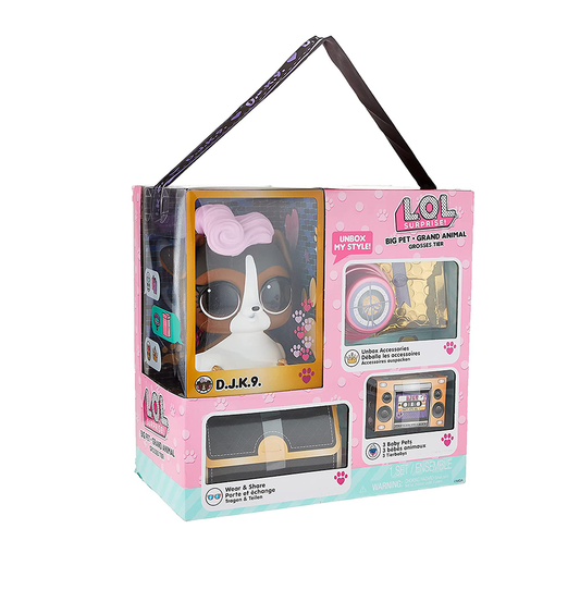 LOL Surprise Big Pet DJ K.9. with 15 Surprises Including Wear and Share Glasses & Necklace, 2 Pet Babies, Accessories, Backpack or Piggy Bank, Gifts for Kids and Toys