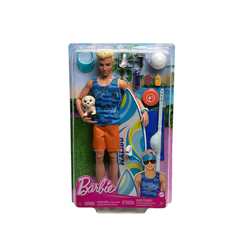 Barbie Ken® Doll with Surfboard and Pet Puppy, Poseable Blonde Ken® Beach Doll with Themed Accessories Like Towel