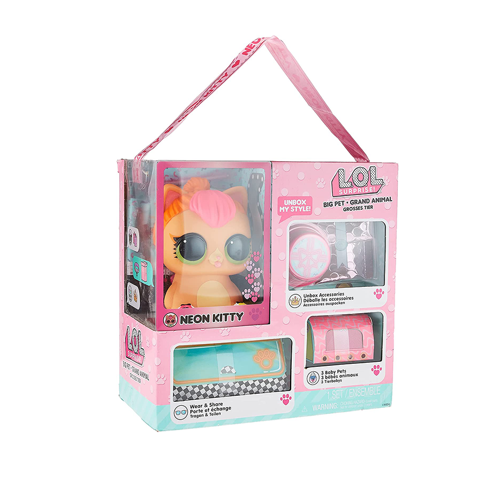 LOL Surprise Big Pet Neon Kitty with 15 Surprises Including Wear and Share Glasses & Necklace, 2 Pet Babies, Accessories, Backpack or Piggy Bank, Gifts for Kids