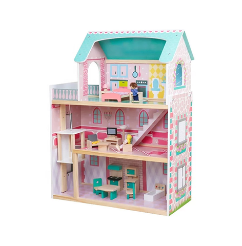 Toys Uncle 3 Storey Wooden Doll House with Wooden Accessories- Multi Color
