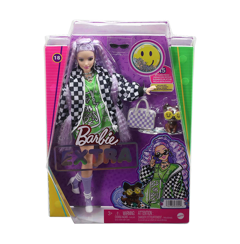 Barbie Doll and Accessories, Barbie Extra Fashion Doll with Crimped Lavender Hair and Checkered Jacket, Pet Puppy