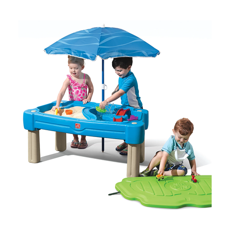 Step2 Cascading Cove Sand & Water Table With Umbrella | Kids Sand & Water Play Table With Umbrella | 6-Pc Accessory Set Included, Blue