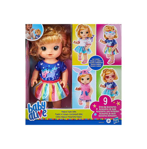 Baby Alive Magical Styles Baby Doll, 12-Inch Toy for Kids Ages 3 and Up, 9 Dress-up Doll Accessories, Reversible Doll Skirt, Blonde Hair