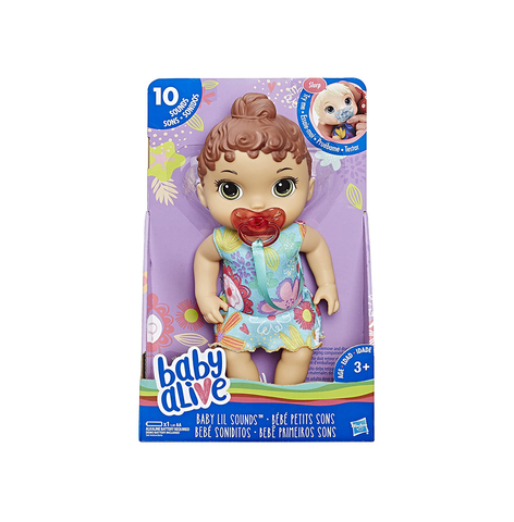 Baby Alive Baby Lil Sounds Doll, Interactive Baby Alive Doll with Pacifier, Dolls for 3 Year Old Girls and Boys and Up, 10 Sounds, Brown Hair