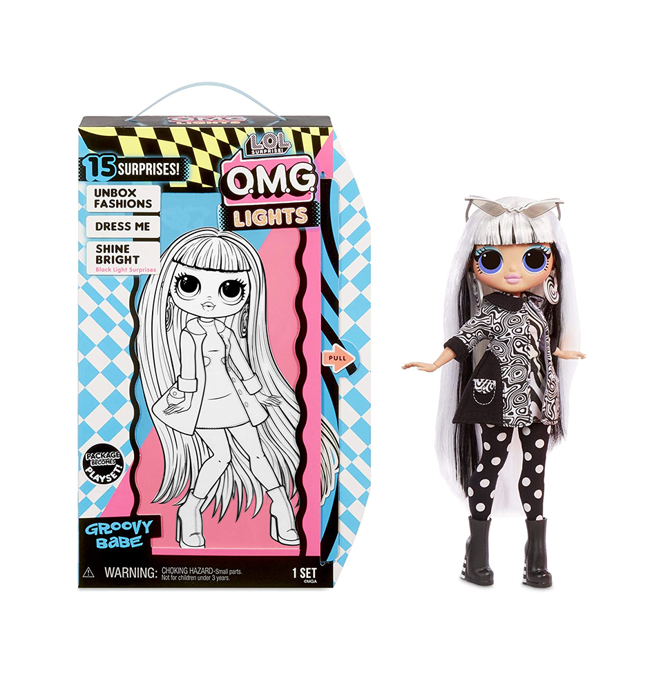 LOL Surprise OMG Lights Groovy Babe Fashion Doll with 15 Surprises Accessories Set | Includes Fashion Doll and Magic Black Light Surprises| Great Gift for Girls | Collectible