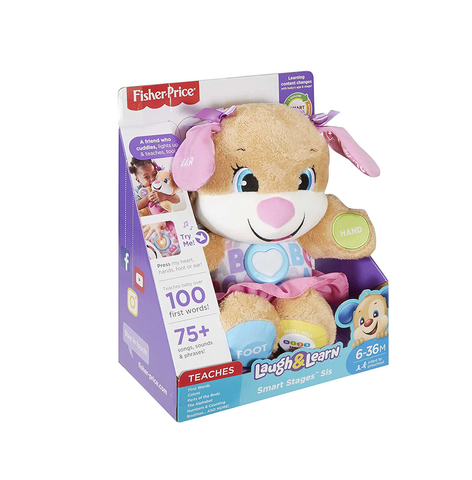 Fisher-Price Plush Dog Baby Toy with Lights Music and Smart Stages Learning Content, Laugh & Learn Sis