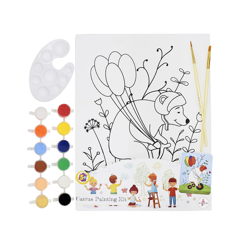 Kalakaram Canvas Painting Kit with Printed Canvas Board, Paints and Brushes (Happy Bear)