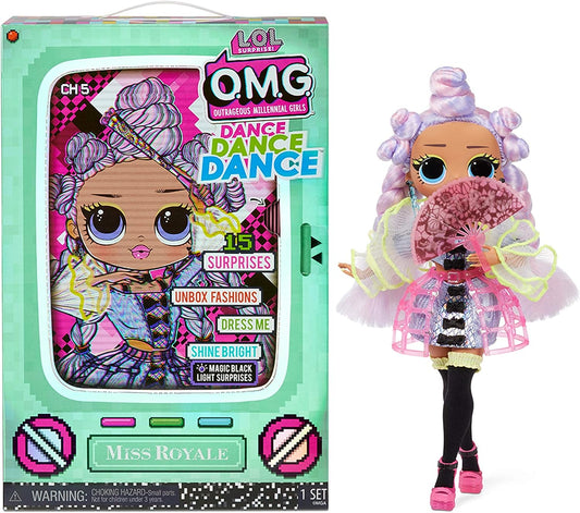 L.O.L. Surprise! OMG Dance Miss Royale Fashion Doll with 15 Surprises Including Magic Black Light, Shoes, Hair Brush, Doll Stand and TV Package