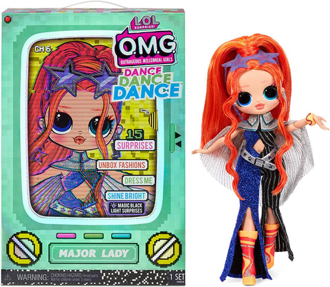 L.O.L. Surprise! OMG Dance Dance Dance Major Lady Fashion Doll with 15 Surprises Including Magic Black Light, Shoes, Hair Brush, Doll Stand and TV Package