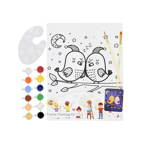 Kalakaram Canvas Painting Kit with Printed Canvas Board, Paints and Brushes (Love Birds)