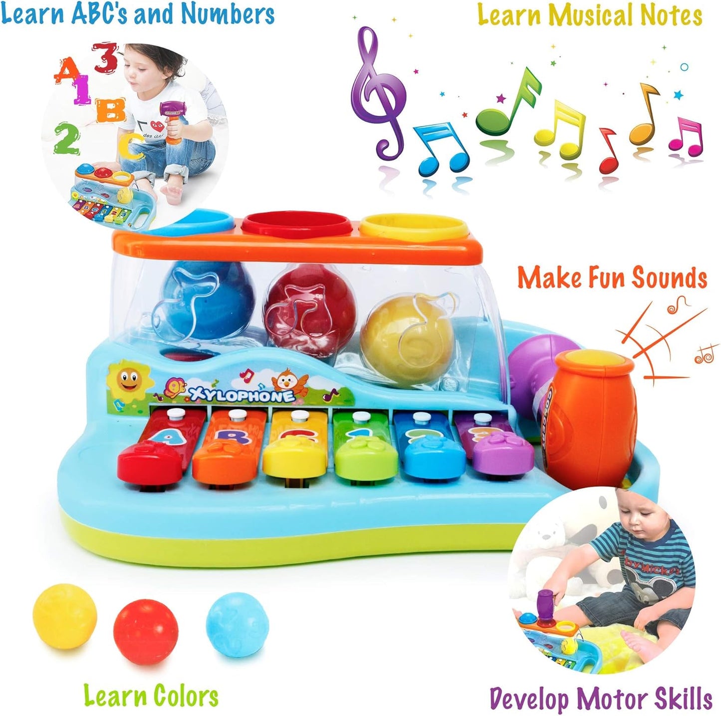 Hola Pop 'N Play Pound a Ball Toy , Xylophone Baby Musical Toy Station - 6 Piano Keys, Colorful Balls, Exciting Hammer - Fun to Learn & Develop Fine Motor Skills