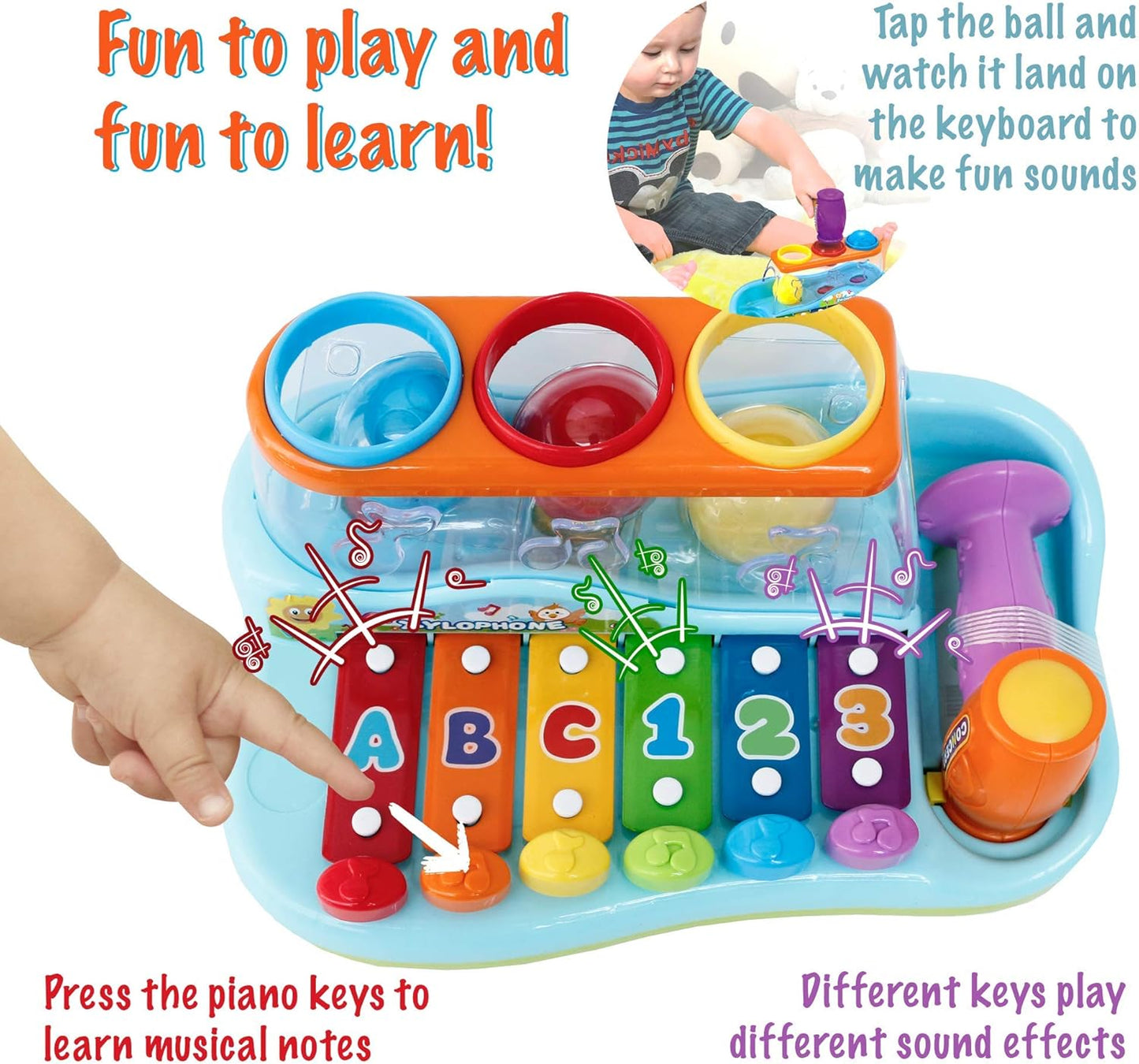 Hola Pop 'N Play Pound a Ball Toy , Xylophone Baby Musical Toy Station - 6 Piano Keys, Colorful Balls, Exciting Hammer - Fun to Learn & Develop Fine Motor Skills