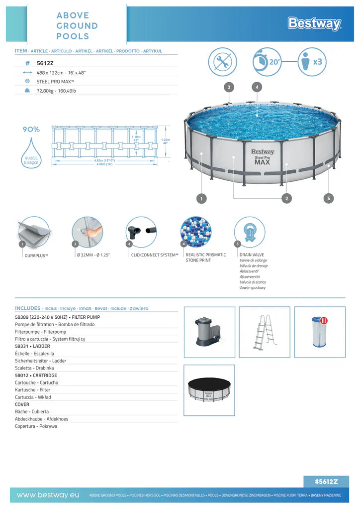 BESTWAY (5612Z) STEEL PRO MAX™ 16' X 48"/4.88M X 1.22M POOL SET