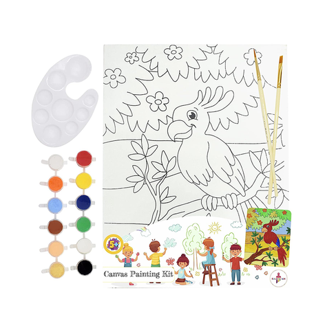Kalakaram Canvas Painting Kit with Printed Canvas Board, Paints and Brushes (Colored Parrot)