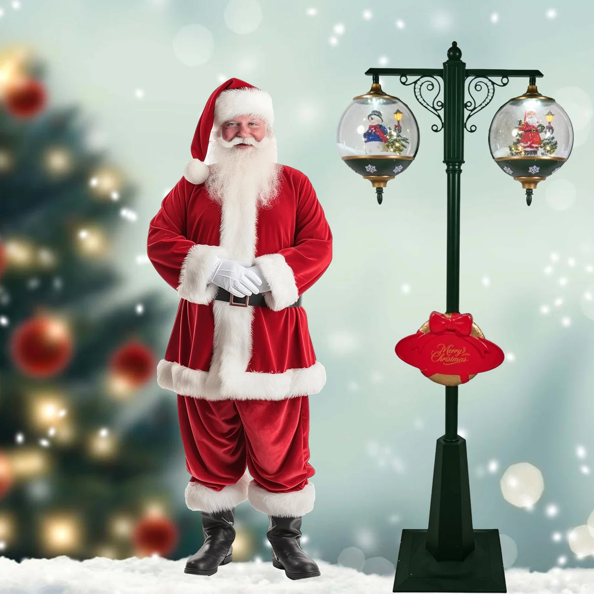 Snowing Double Lamp Christmas Street Light with Santa & Snowman – 1.88 m Tall