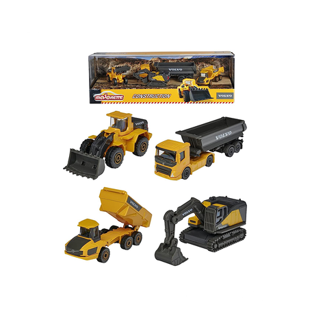 Majorette Volvo Construction Vehicles– Excavator, Wheel Loader, Dump Truck, Articulated Hauler, Die Cast Metal Toy Vehicles