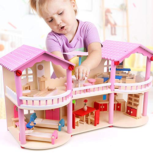 Toys Uncle Pretend Play Wooden Doll House with Mini Figures for Girls