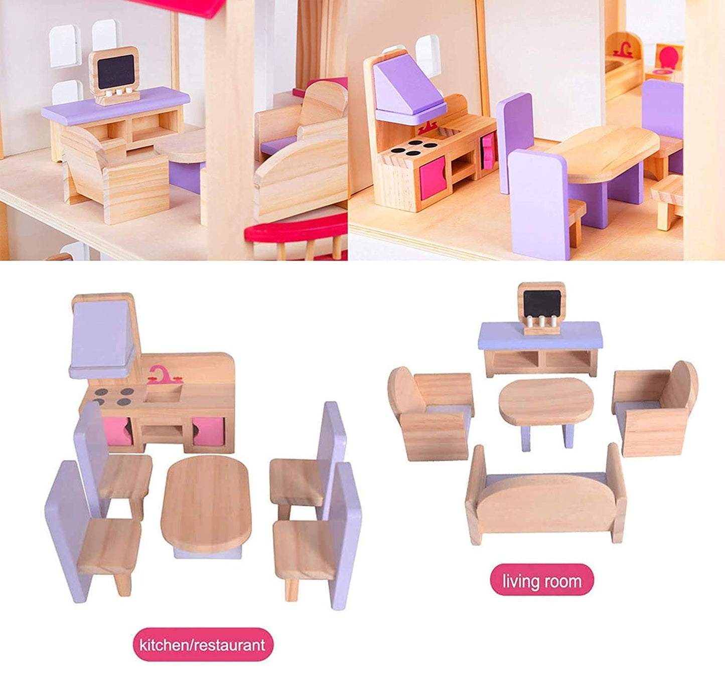 Toys Uncle Pink Wooden Dollhouse and Furniture Playset