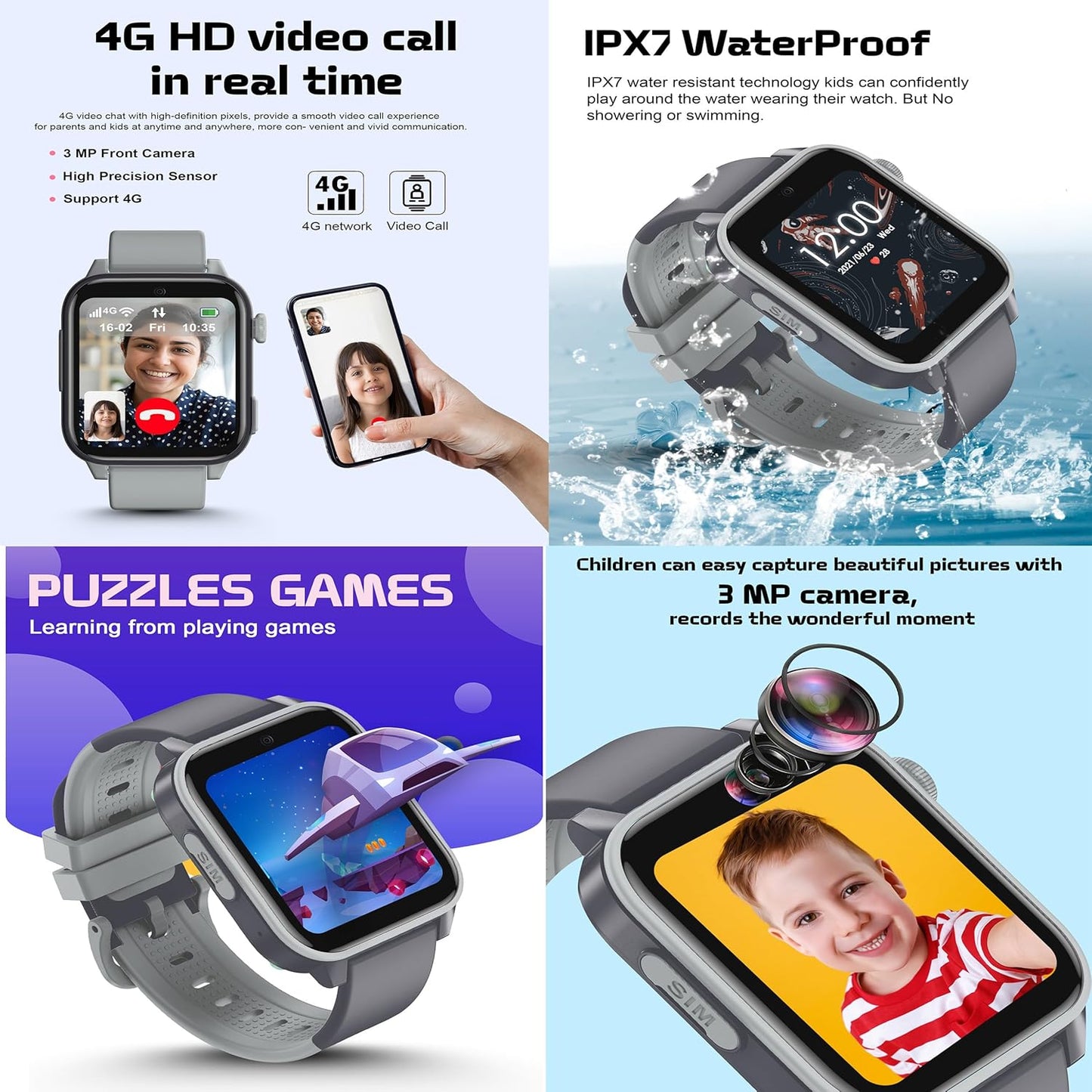 SPIKY Gnome 4G Calling Waterproof Kids Smartwatch |GPS Tracking, Video Call, Calling Watch, Games, Geo-Fencing, SOS - BLACK