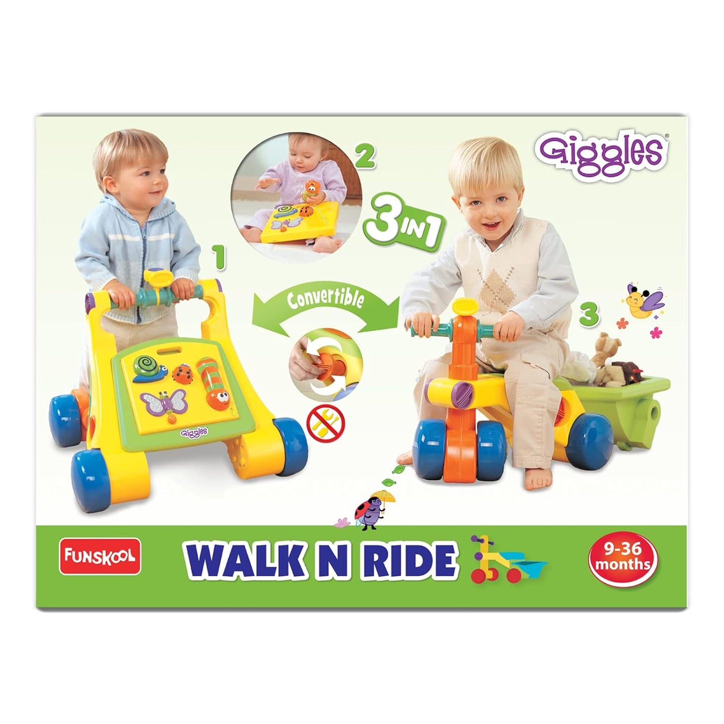 Giggles Funskool Walk N Drive, 3in1 Fun & Development Activity Toy for Babies, Encourage Walking, Improve Balance & Coordination, Stimulate Senses