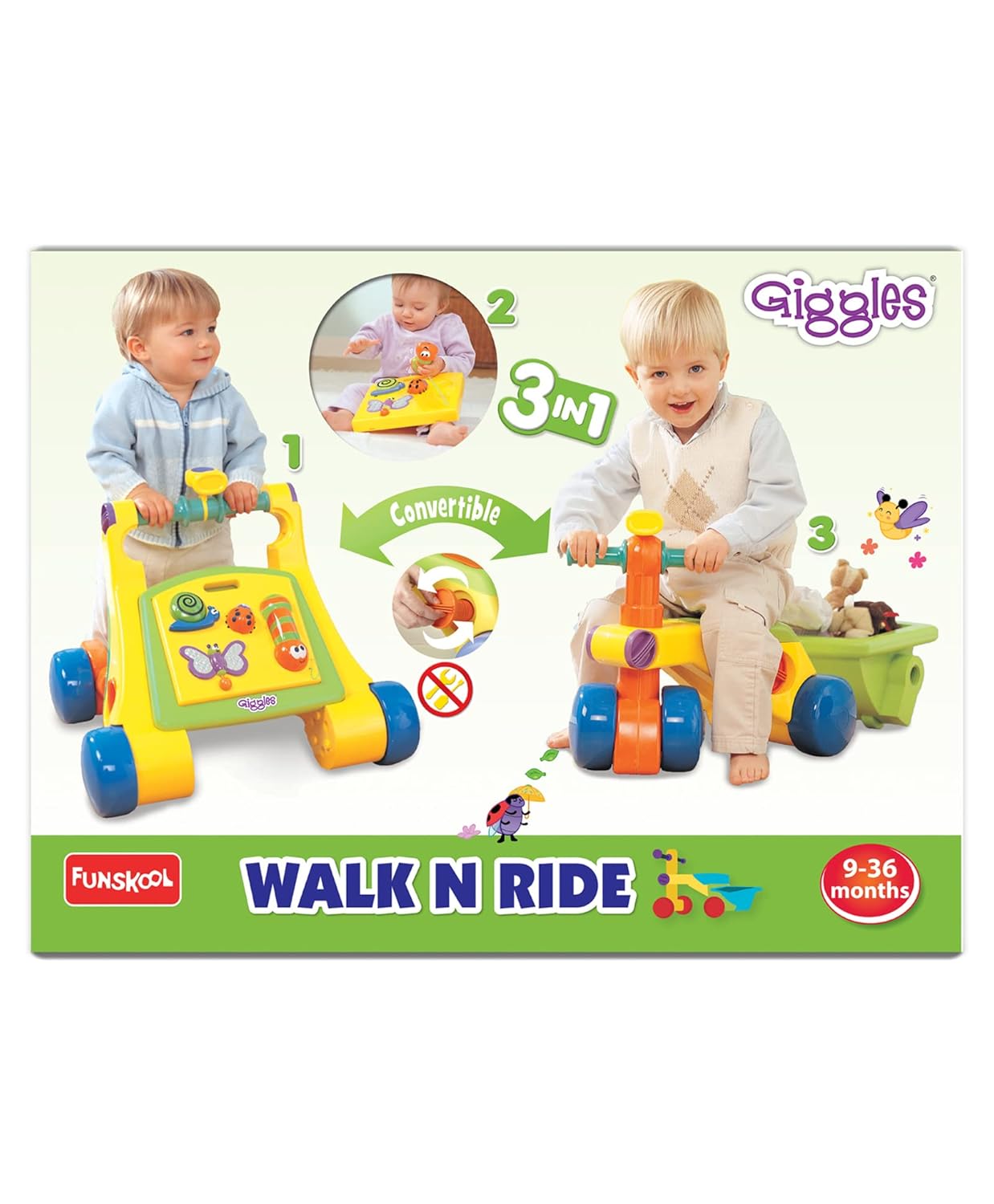 Giggles Funskool Walk N Drive, 3in1 Fun & Development Activity Toy for Babies, Encourage Walking, Improve Balance & Coordination, Stimulate Senses