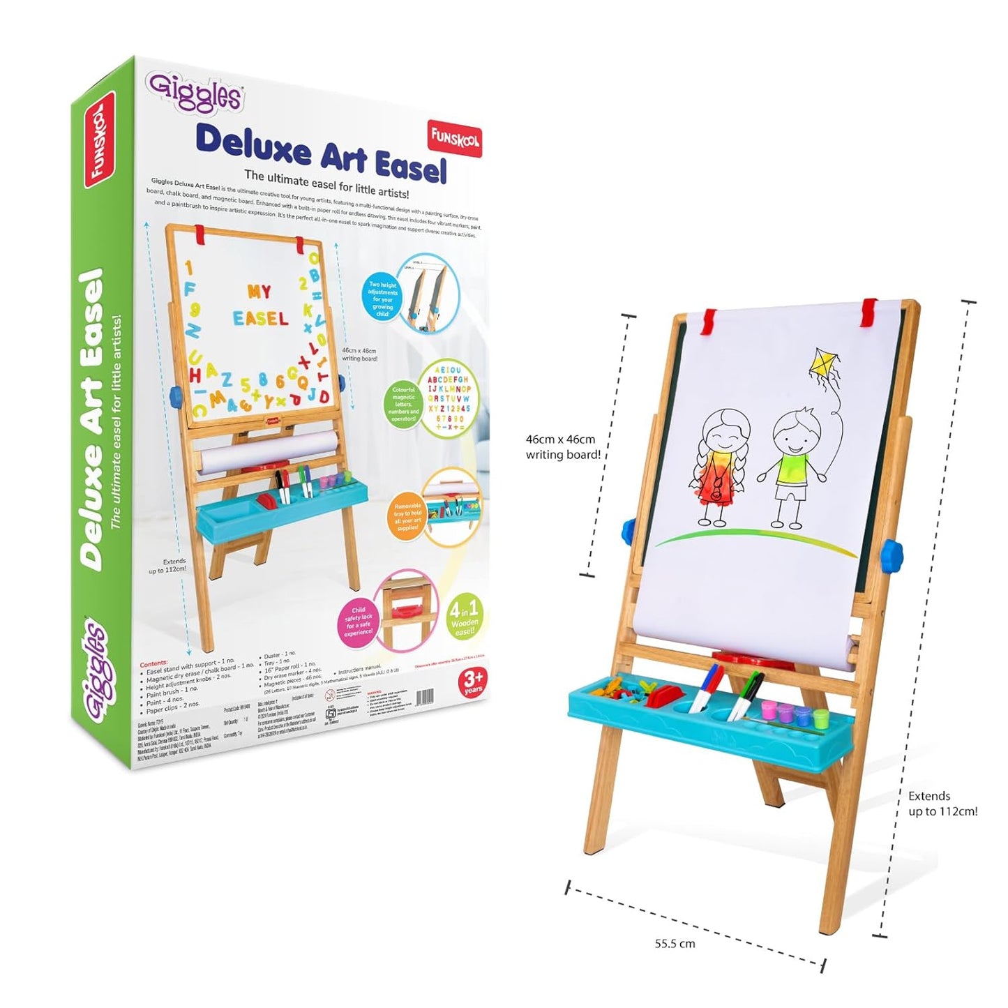 Giggles Funskool My First Easel, 4in1 Double Sided Wooden Magnetic Board with Alphabets & Numbers