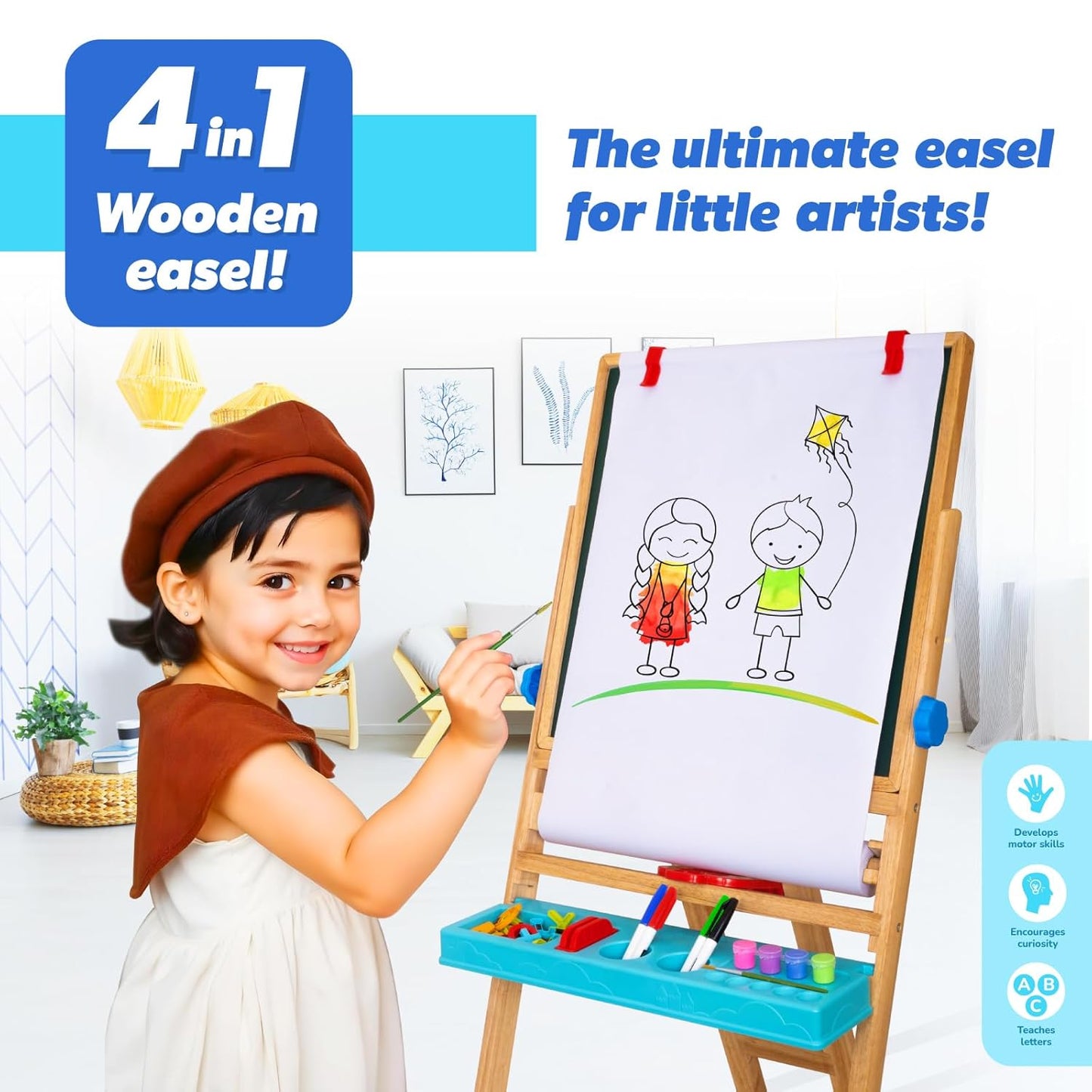 Giggles Funskool My First Easel, 4in1 Double Sided Wooden Magnetic Board with Alphabets & Numbers