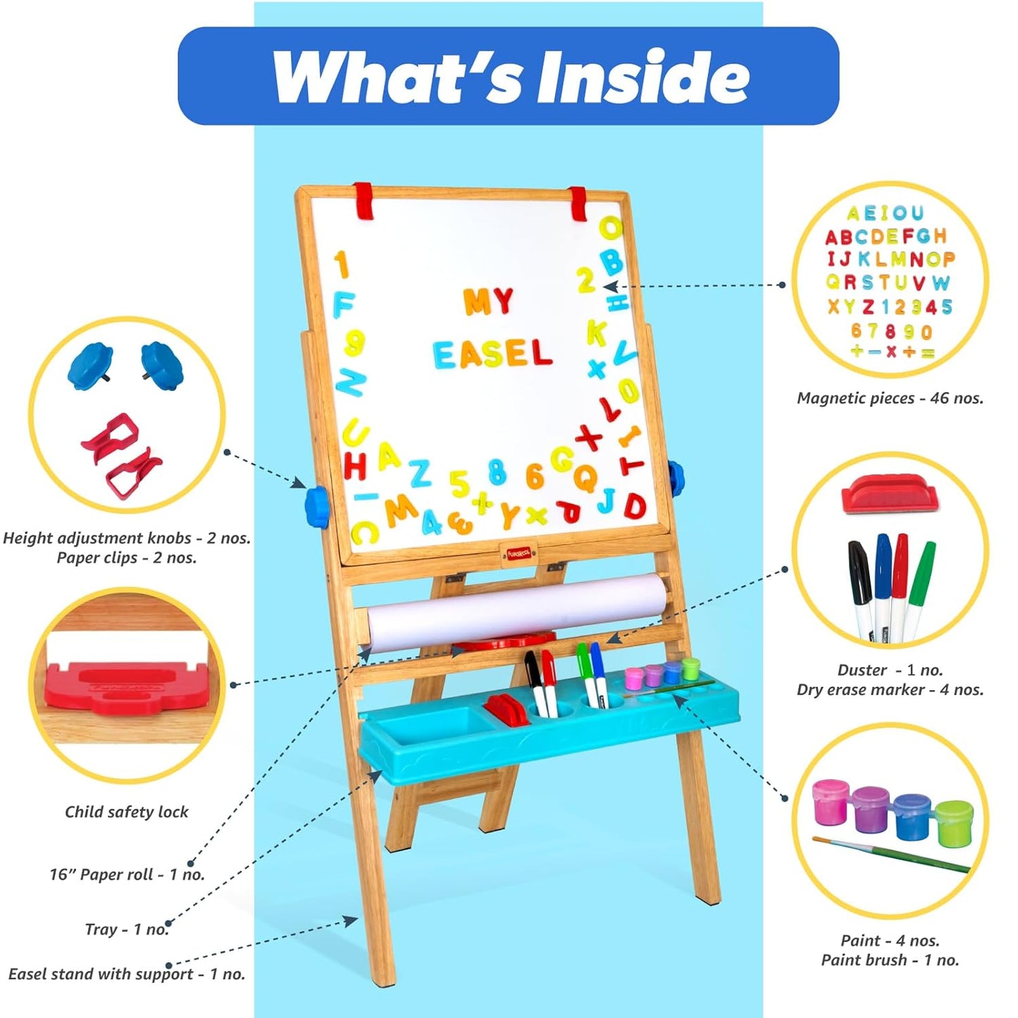 Giggles Funskool My First Easel, 4in1 Double Sided Wooden Magnetic Board with Alphabets & Numbers