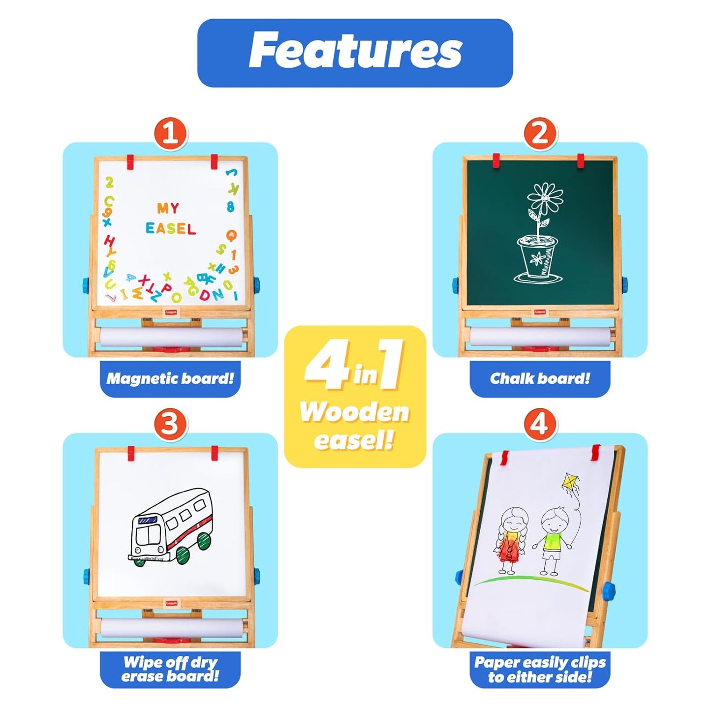 Giggles Funskool My First Easel, 4in1 Double Sided Wooden Magnetic Board with Alphabets & Numbers