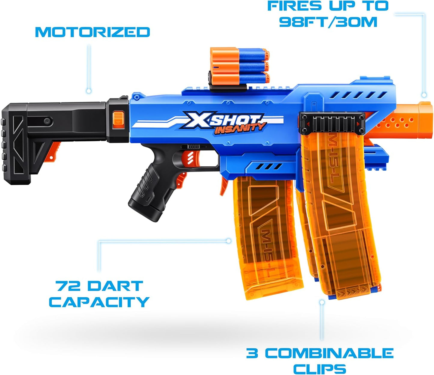 XSHOT Insanity Motorized Clip Mania Dart Blaster with 48 Darts - Air Pocket Technology, Auto Feeding Belt, Tripod & Scope