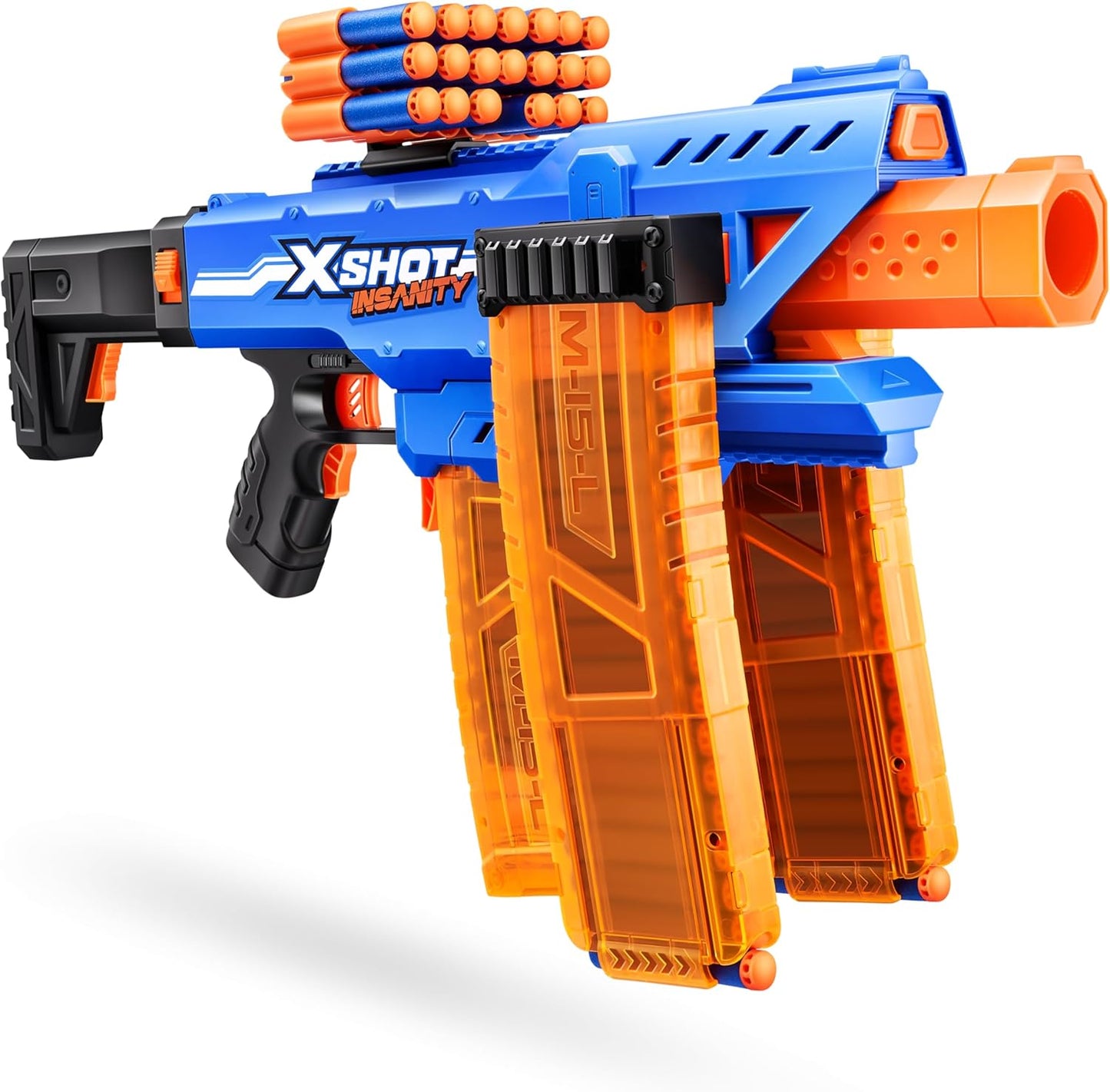 XSHOT Insanity Motorized Clip Mania Dart Blaster with 48 Darts - Air Pocket Technology, Auto Feeding Belt, Tripod & Scope