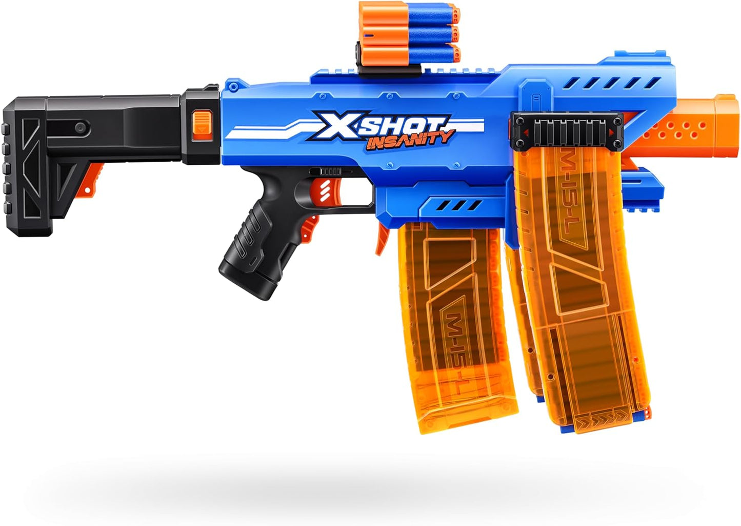 XSHOT Insanity Motorized Clip Mania Dart Blaster with 48 Darts - Air Pocket Technology, Auto Feeding Belt, Tripod & Scope