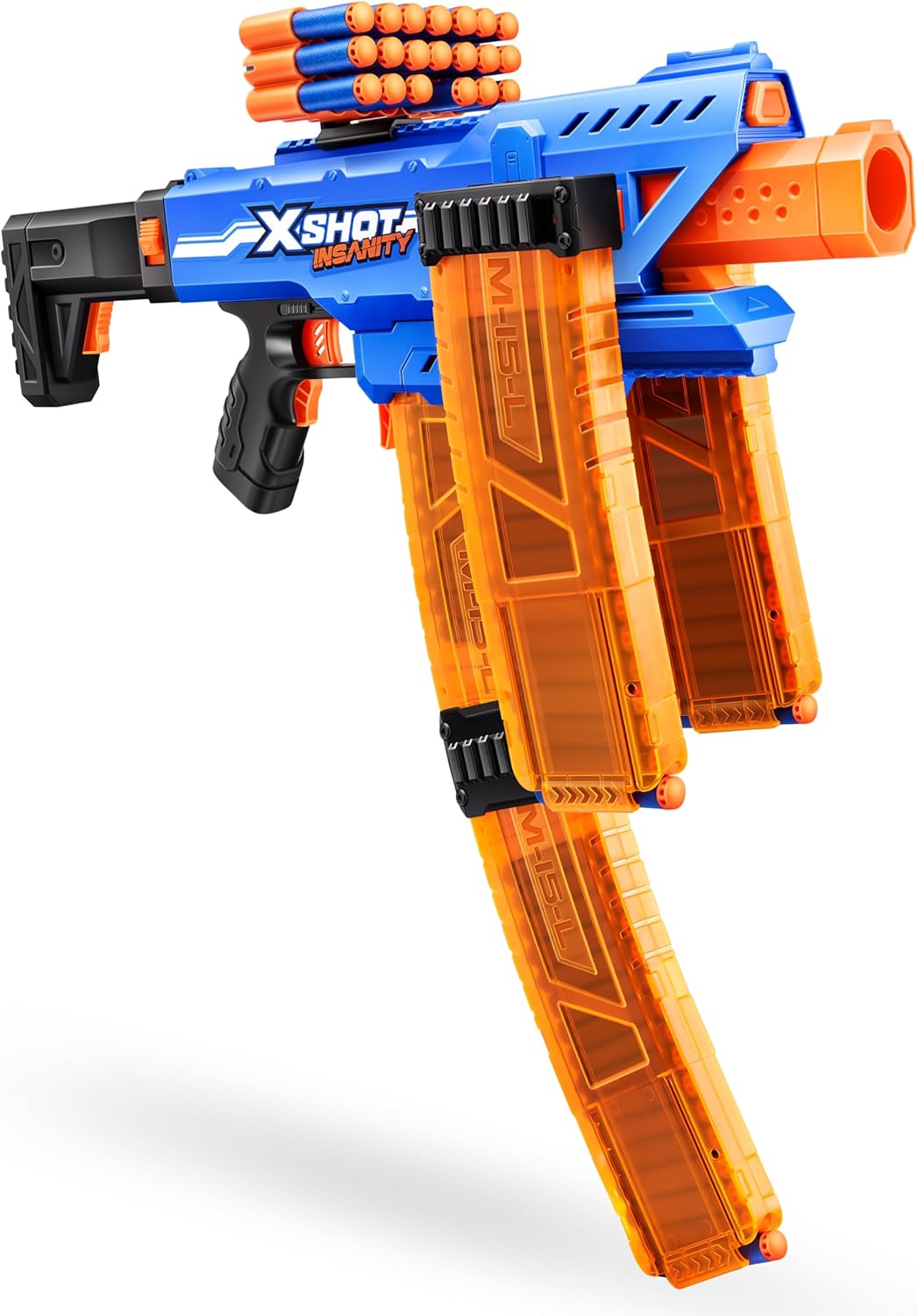 XSHOT Insanity Motorized Clip Mania Dart Blaster with 48 Darts - Air Pocket Technology, Auto Feeding Belt, Tripod & Scope