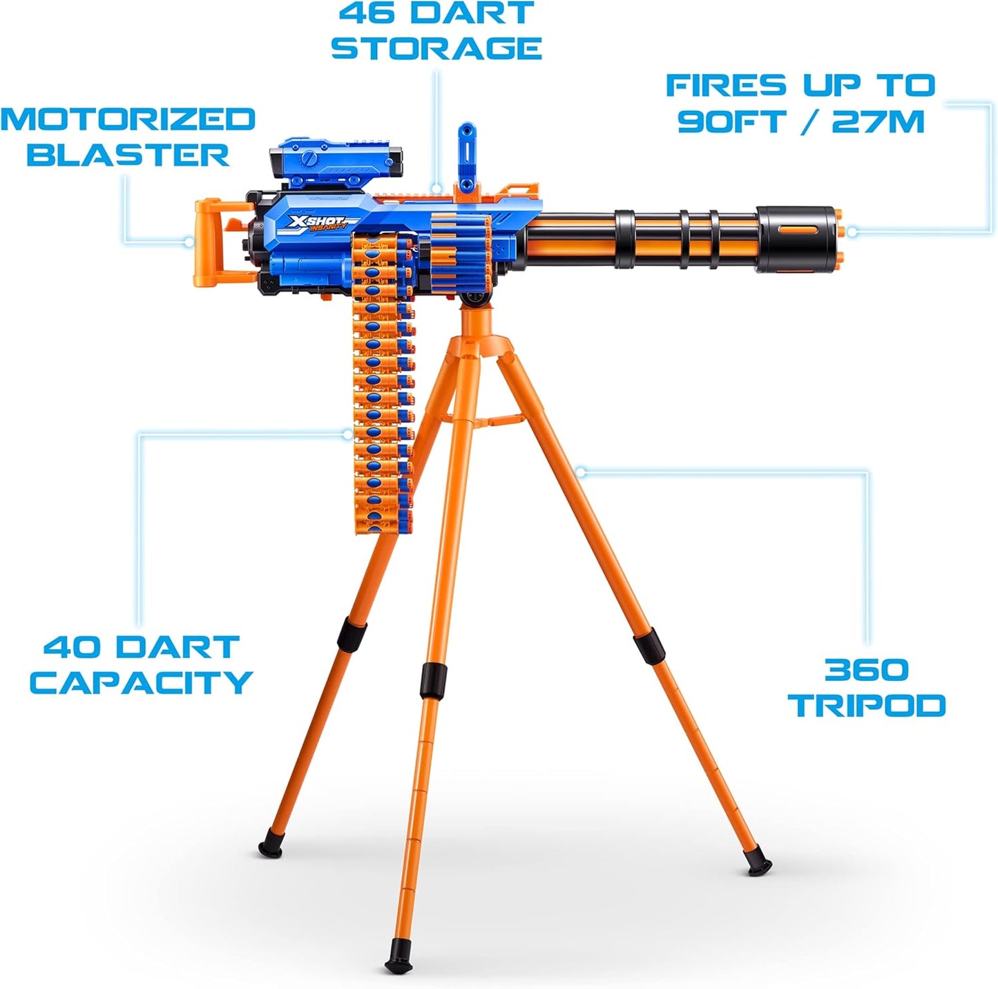 X-Shot Insanity Motorized Rage Fire by ZURU 72 Darts, Air Pocket Technology Darts, Dart Storage, Blasting Power, Auto Feeding Belt, Tripod & Scope
