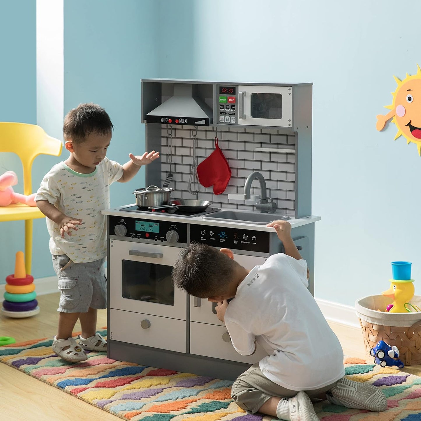 Wooden Play Kitchen Toy, with Light,Microwave, Cabinet, Sound Electronic Stove, Microwave and Sink