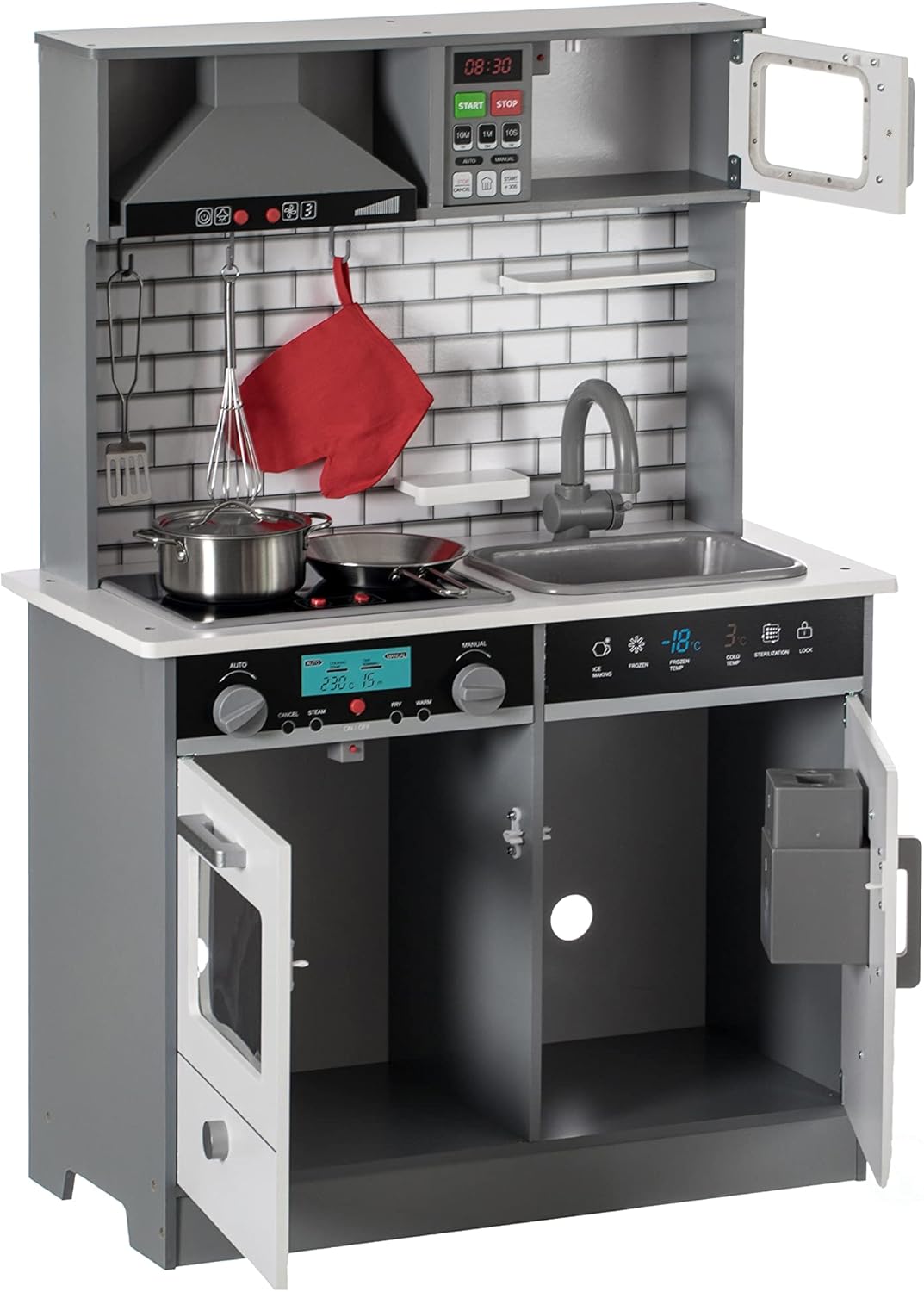 Wooden Play Kitchen Toy, with Light,Microwave, Cabinet, Sound Electronic Stove, Microwave and Sink