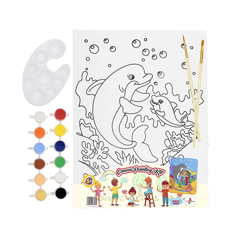 Kalakaram Canvas Painting Kit with Printed Canvas Board, Paints and Brushes (Dolphin)