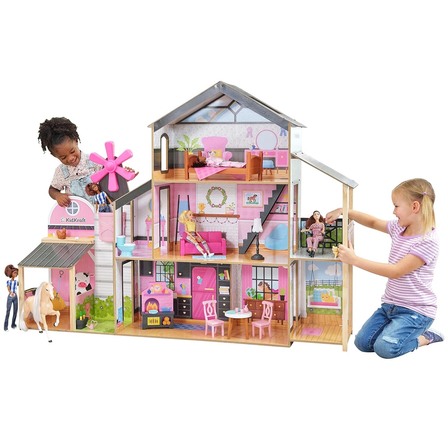 KidKraft Windmill Elevator 2-in-1 Wooden Barn & Dollhouse with Horse and Lights & Sounds, Over 3 Feet Tall