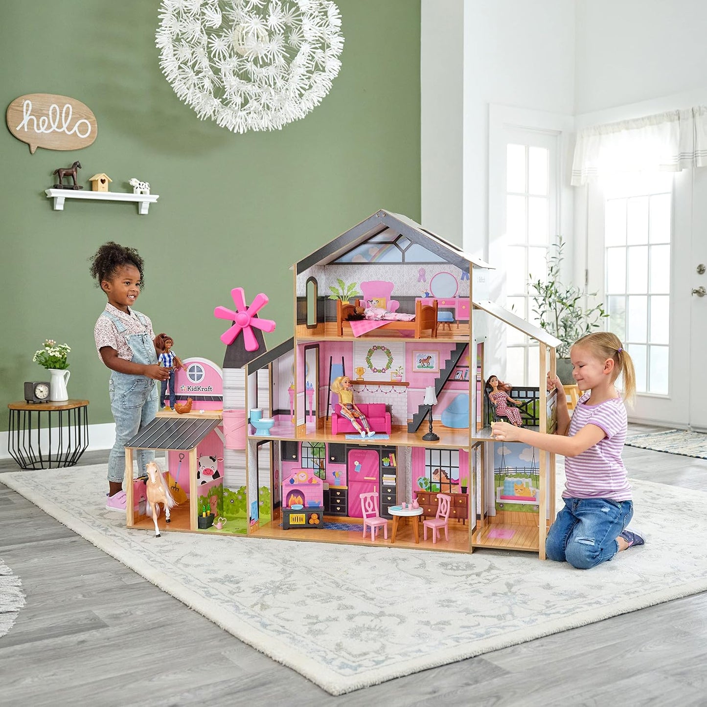 KidKraft Windmill Elevator 2-in-1 Wooden Barn & Dollhouse with Horse and Lights & Sounds, Over 3 Feet Tall