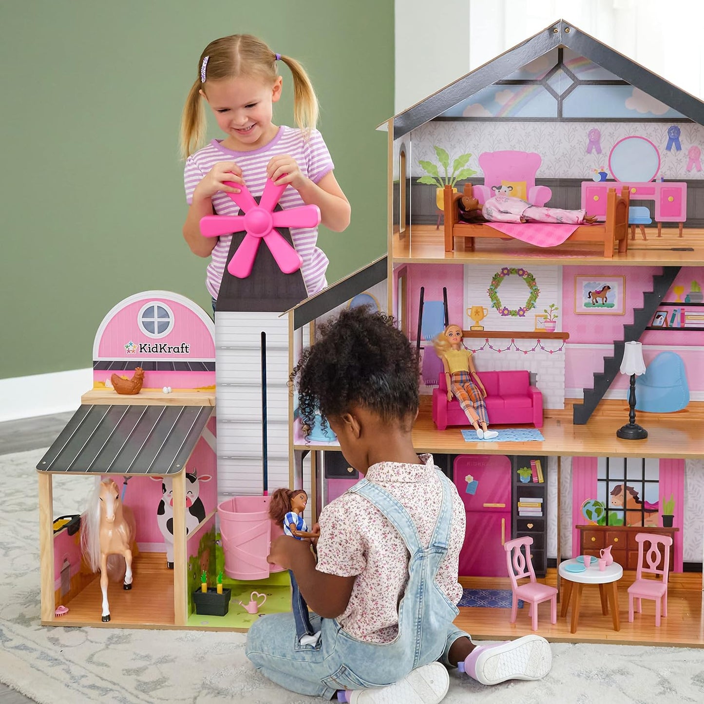 KidKraft Windmill Elevator 2-in-1 Wooden Barn & Dollhouse with Horse and Lights & Sounds, Over 3 Feet Tall