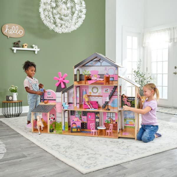 KidKraft Windmill Elevator 2-in-1 Wooden Barn & Dollhouse with Horse and Lights & Sounds, Over 3 Feet Tall