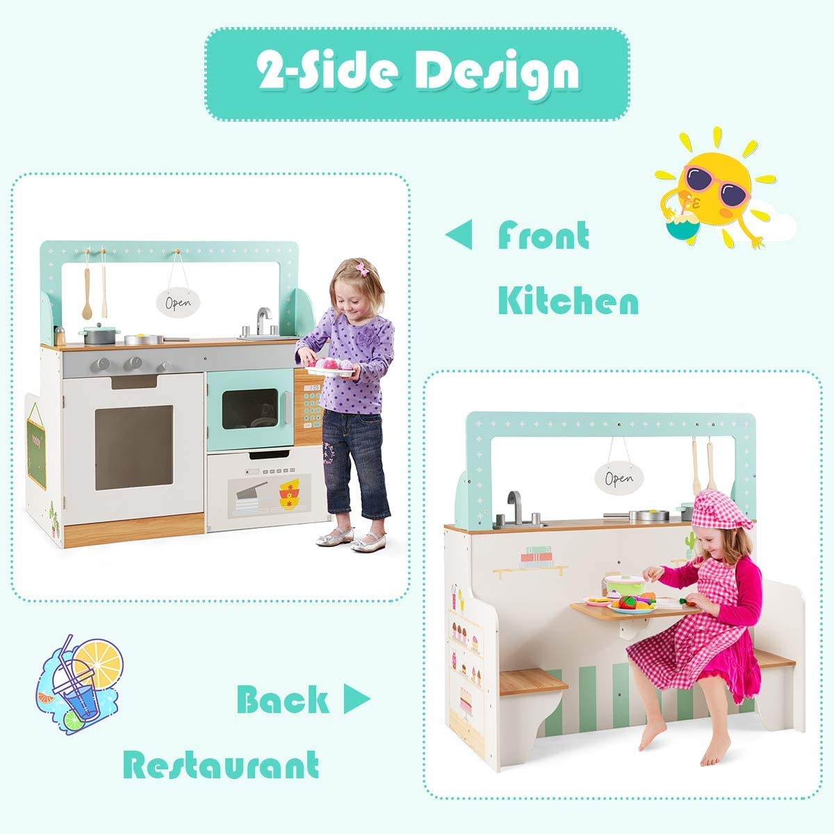 Toys Uncle 2 in 1 Kids Play Kitchen and Restaurant, Double Sided Wooden Pretend Cooking Playset