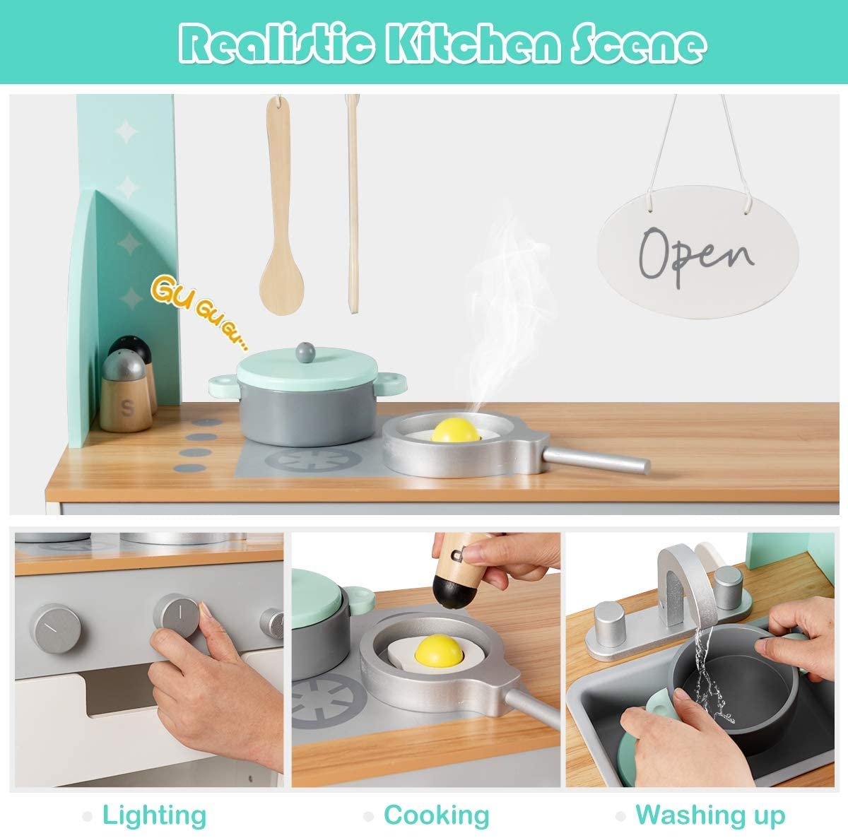 Toys Uncle 2 in 1 Kids Play Kitchen and Restaurant, Double Sided Wooden Pretend Cooking Playset