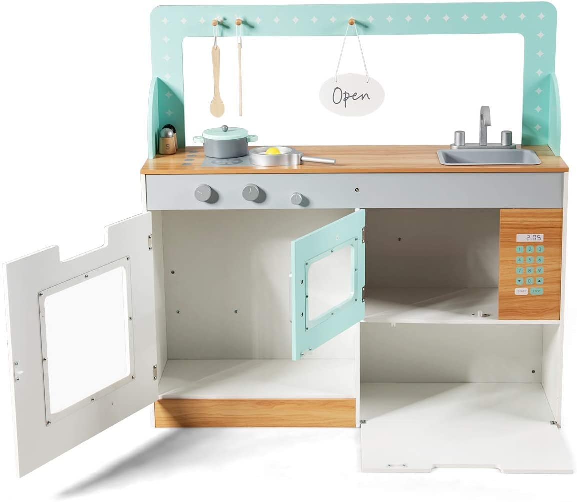 Toys Uncle 2 in 1 Kids Play Kitchen and Restaurant, Double Sided Wooden Pretend Cooking Playset