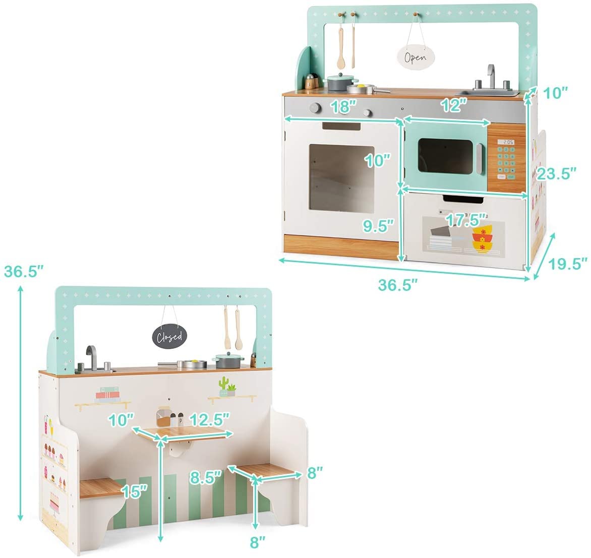 Toys Uncle 2 in 1 Kids Play Kitchen and Restaurant, Double Sided Wooden Pretend Cooking Playset