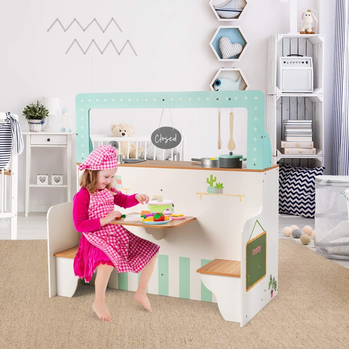Toys Uncle 2 in 1 Kids Play Kitchen and Restaurant, Double Sided Wooden Pretend Cooking Playset