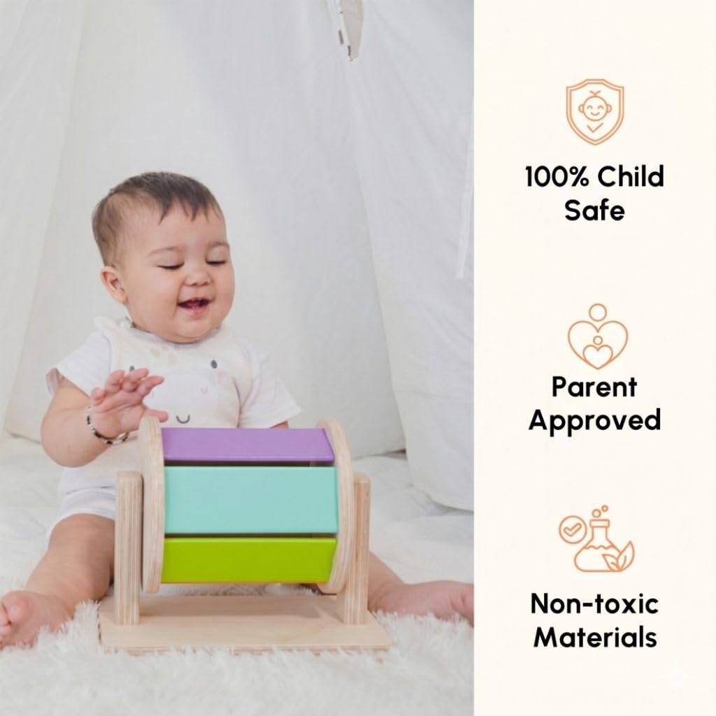 Curious Cub Montessori Spinning Drum for Babies 3 Months-18 Months | Spinning Rainbow Wheel Baby | Tummy Time Toy | Develops Fine Motor Skills | Educational Toy for Early Development